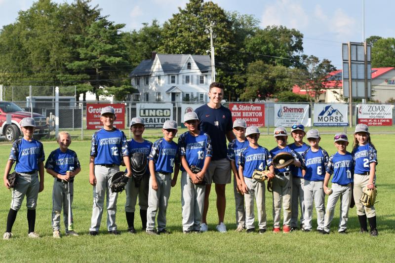Recently drafted Zack Gelof visits with the Rehoboth Little League team. Shown are (l-r) Kaden Adams, Grant Herschelman, Jameson Pease, Cole Goodsell, Robbie Myers, Jack Willmot, Zack Gelof, Jameson MacPhee, Finn Gannon, Briggs Gannon, Jack Hudson, Cole Kastor, Ben Pease and Jacoby Clark. KRIS ADAMS PHOTO